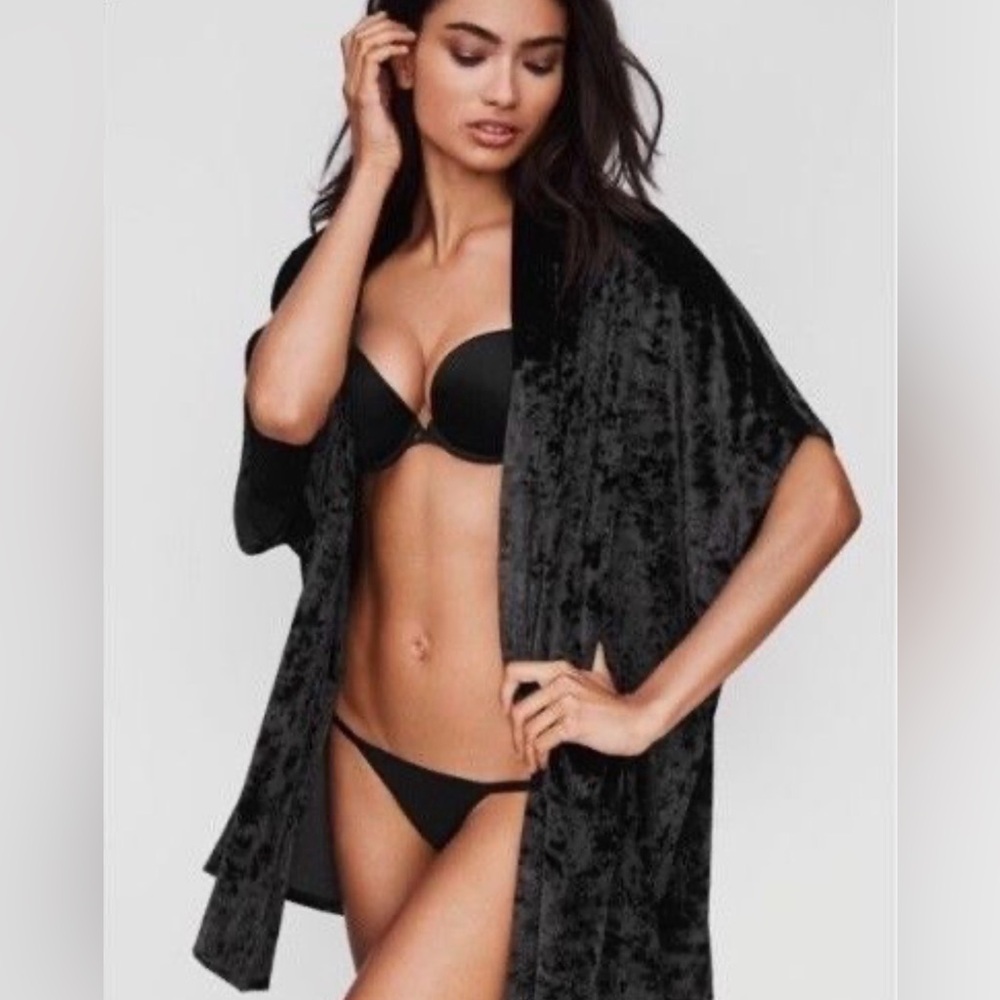 Victoria's Secret Black Crushed Velvet Boxy Open Front Kimono Cardigan XS